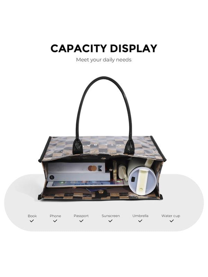 Women'S Retro Checkered Letter Print Casual Tote Bag, Large Capacity Transparent Commuter Handbag, Versatile Daily Use Shoulder Bag