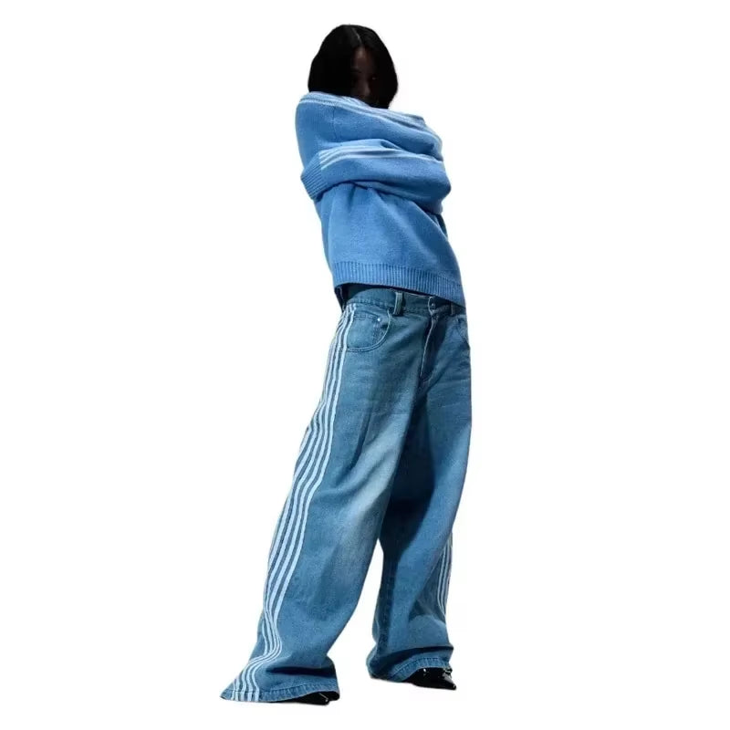 Y2K Baggy Jeans High Quality Embroidered Striped Harajuku Jeans Sweatpants Hip Hop Unisex Casual Wide Leg Denim Pants Streetwear