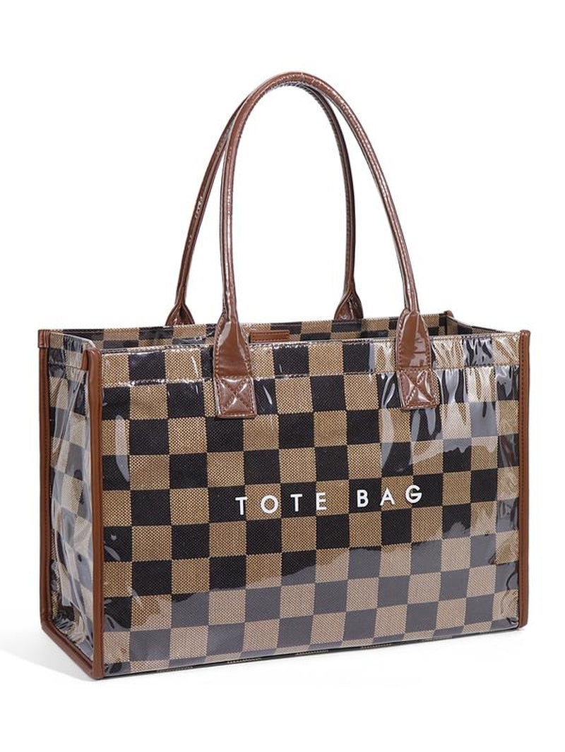 Women'S Retro Checkered Letter Print Casual Tote Bag, Large Capacity Transparent Commuter Handbag, Versatile Daily Use Shoulder Bag