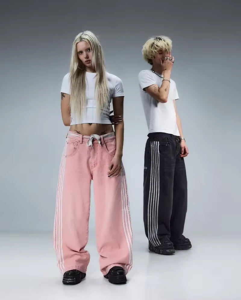 Y2K Baggy Jeans High Quality Embroidered Striped Harajuku Jeans Sweatpants Hip Hop Unisex Casual Wide Leg Denim Pants Streetwear