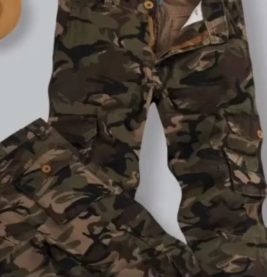 HOO 2025 Men'S Fashion Casual Loose Multiple Bag Camouflage Pants Youth Cotton DP Cargo Trousers