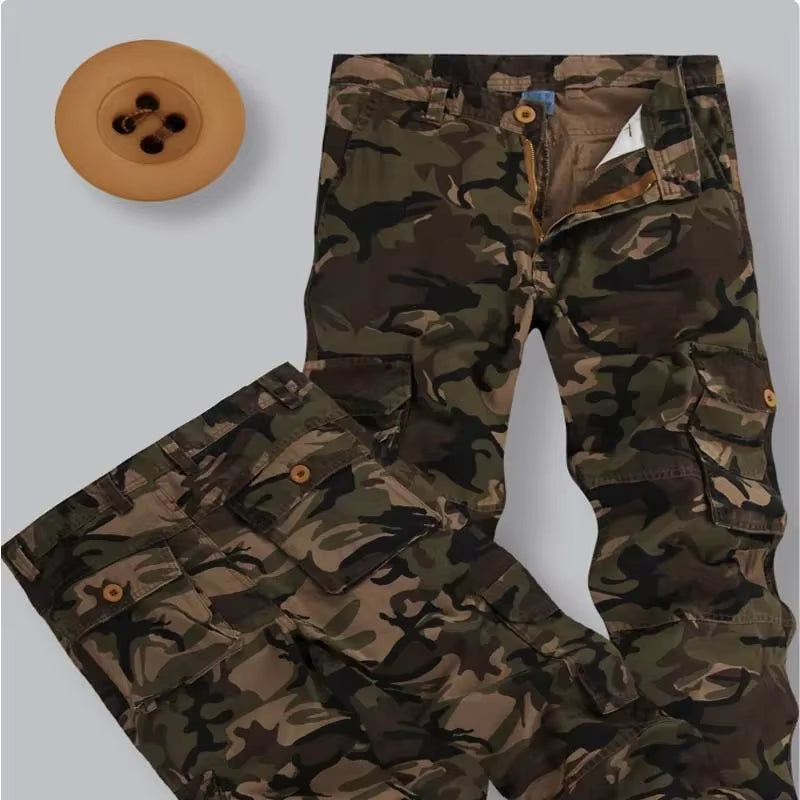 HOO 2025 Men'S Fashion Casual Loose Multiple Bag Camouflage Pants Youth Cotton DP Cargo Trousers