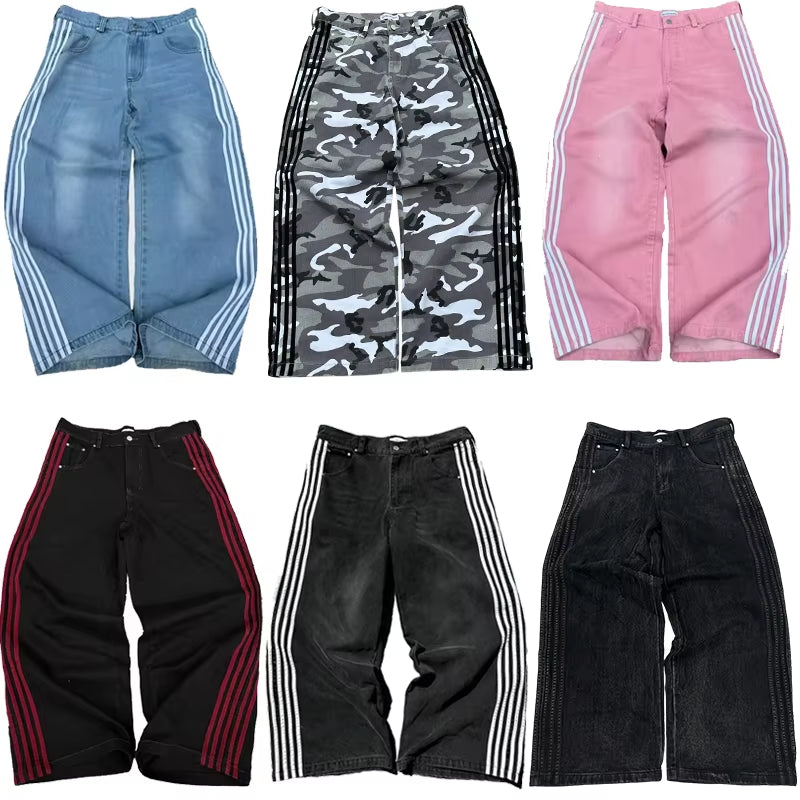Y2K Baggy Jeans High Quality Embroidered Striped Harajuku Jeans Sweatpants Hip Hop Unisex Casual Wide Leg Denim Pants Streetwear