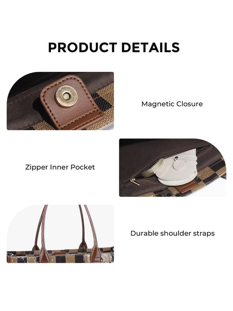 Women'S Retro Checkered Letter Print Casual Tote Bag, Large Capacity Transparent Commuter Handbag, Versatile Daily Use Shoulder Bag