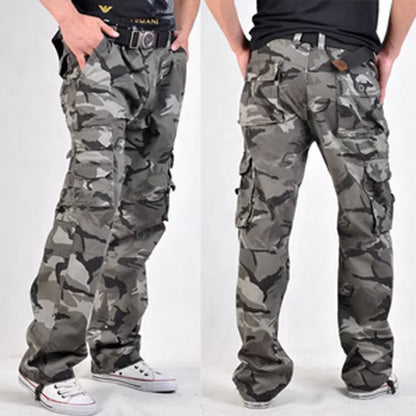 HOO 2025 Men'S Fashion Casual Loose Multiple Bag Camouflage Pants Youth Cotton DP Cargo Trousers