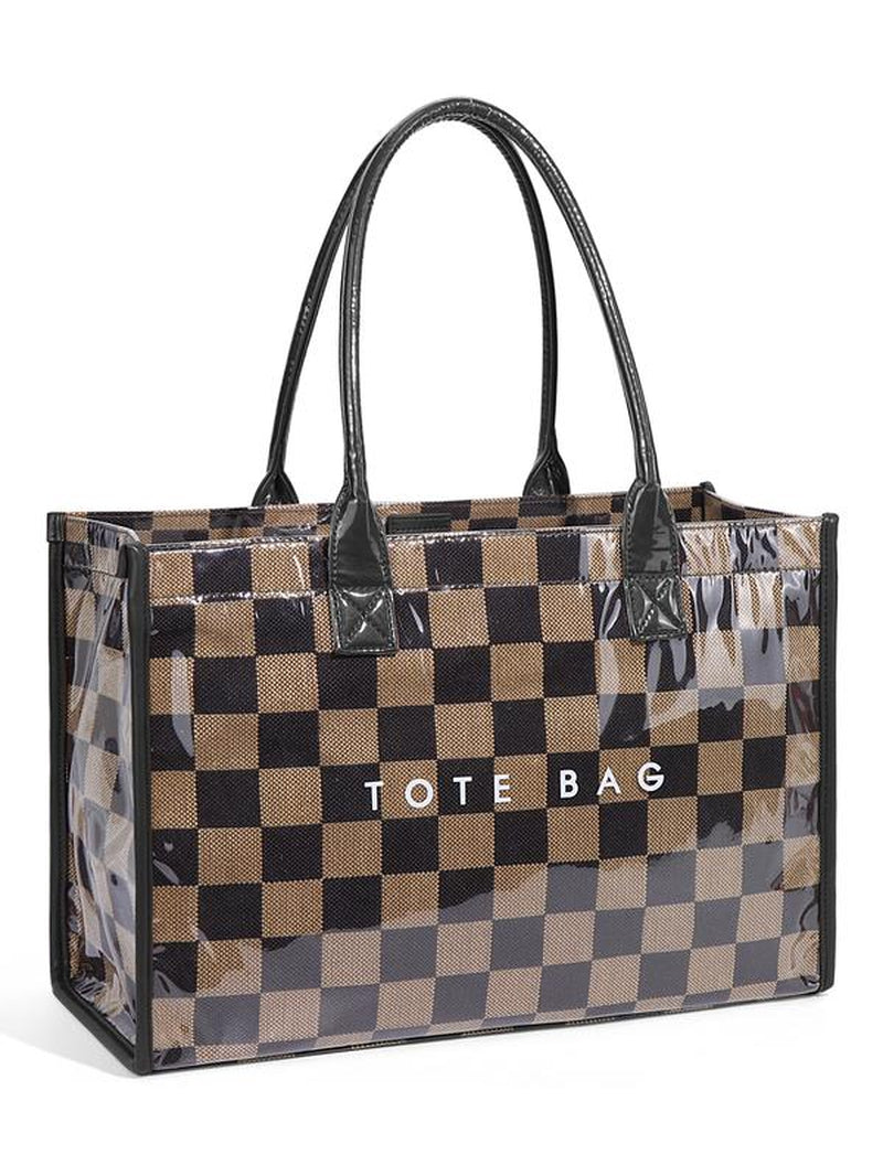 Women'S Retro Checkered Letter Print Casual Tote Bag, Large Capacity Transparent Commuter Handbag, Versatile Daily Use Shoulder Bag