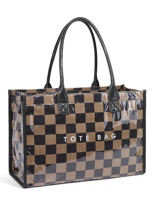 Women'S Retro Checkered Letter Print Casual Tote Bag, Large Capacity Transparent Commuter Handbag, Versatile Daily Use Shoulder Bag
