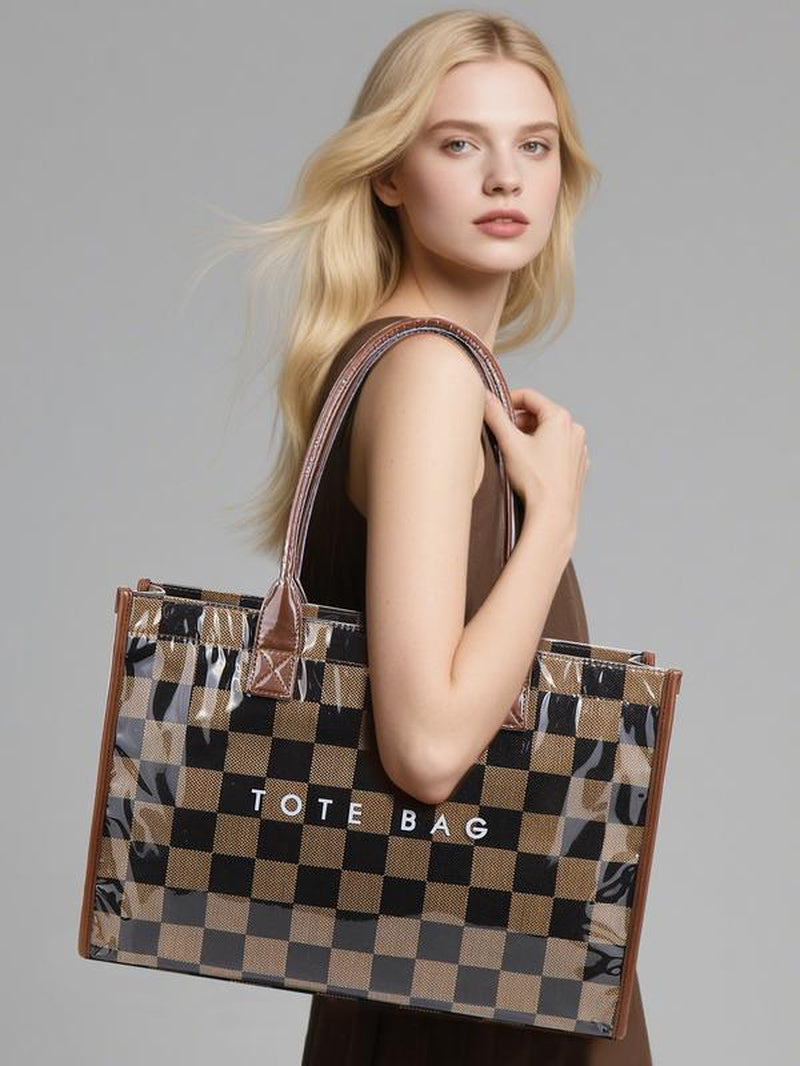 Women'S Retro Checkered Letter Print Casual Tote Bag, Large Capacity Transparent Commuter Handbag, Versatile Daily Use Shoulder Bag