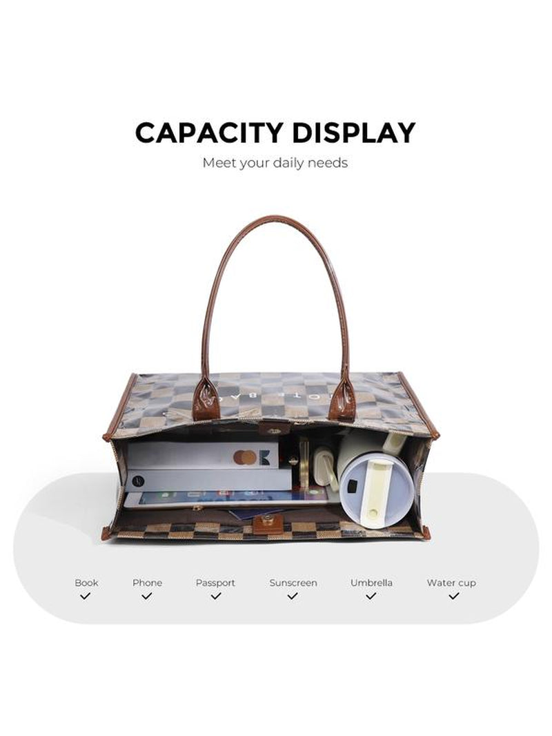 Women'S Retro Checkered Letter Print Casual Tote Bag, Large Capacity Transparent Commuter Handbag, Versatile Daily Use Shoulder Bag